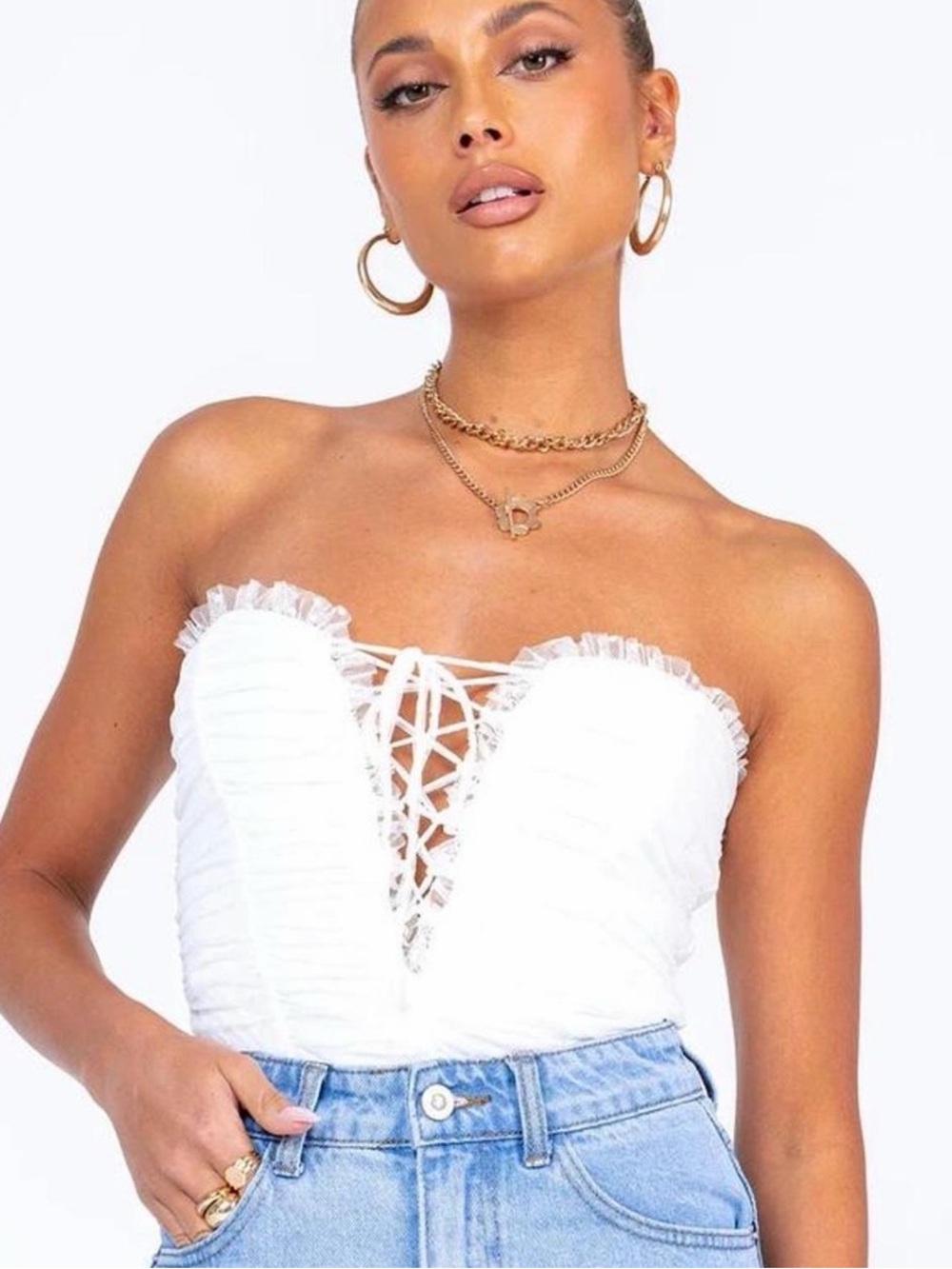 Princess Polly White Strapless Lace-Up Ruffle Bustier Bodysuit